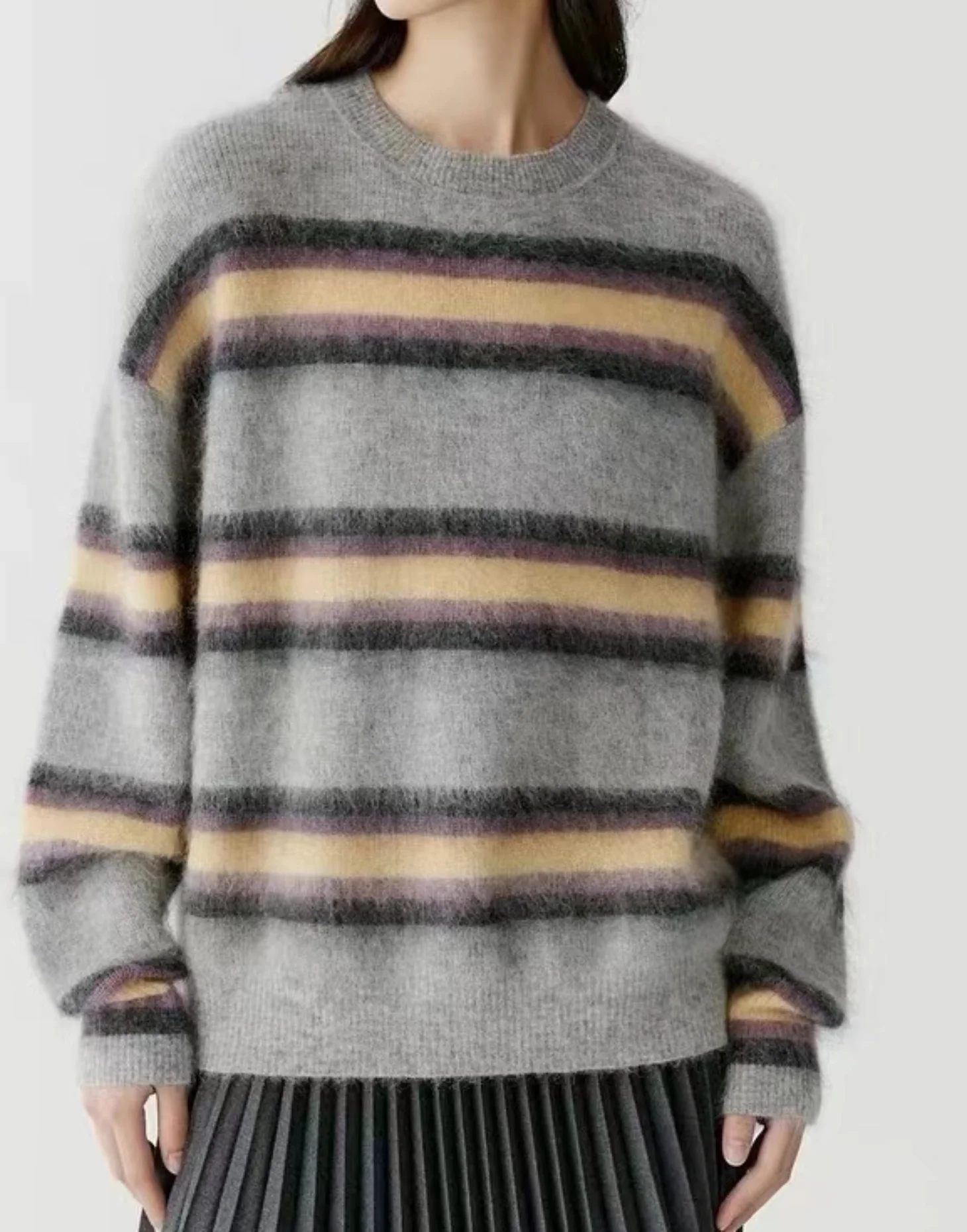 Fenggejiwo vintage sweater, contrasting striped knit pullover sweater, mohair blend knit sweater