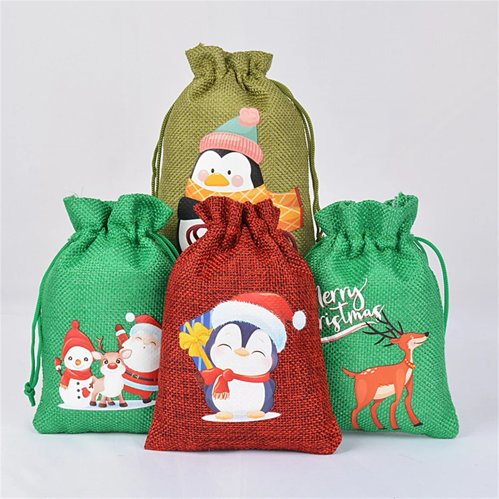 

Linen Cotton Gift Candy Bags Christmas Burlap Bag Snowman Gingerbread Man Drawstring Gift Bags New Year Packing Storage Bags