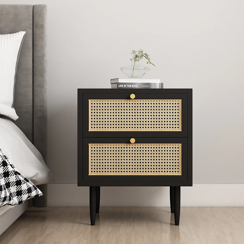 

Solid Wood Bedside Table Simple Modern Light Luxury Rattan Furniture Nordic Sofa Small Side Cabinet bedroom Retro Locker