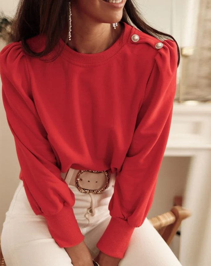 

Beautiful Girl's New Round Neck Long Sleeved Button Decoration Monochrome Loose Pullover Sweater In Stock Hot Item