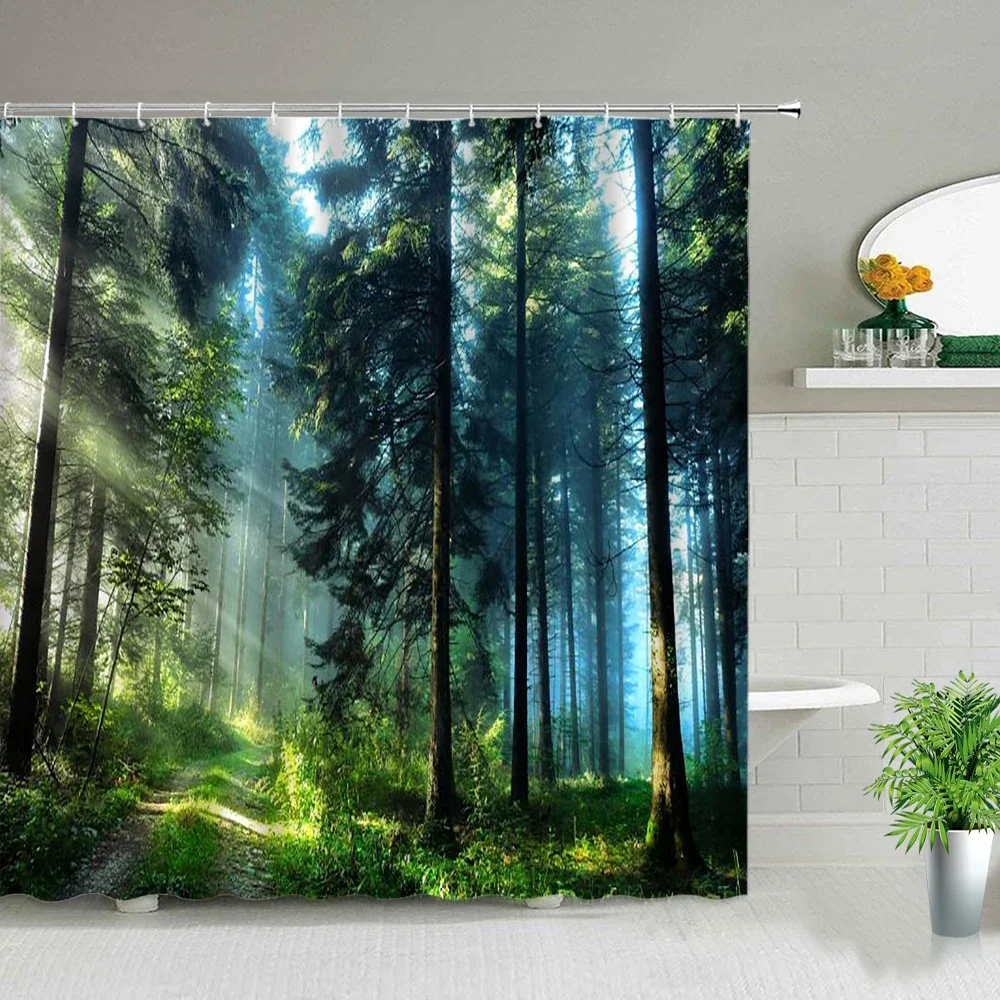 Modern 3D Printing Green Plant Tree Scenery Shower Curtains Forest Bamboo Landscape Bath Curtain Set For Bathroom Decor Cloth