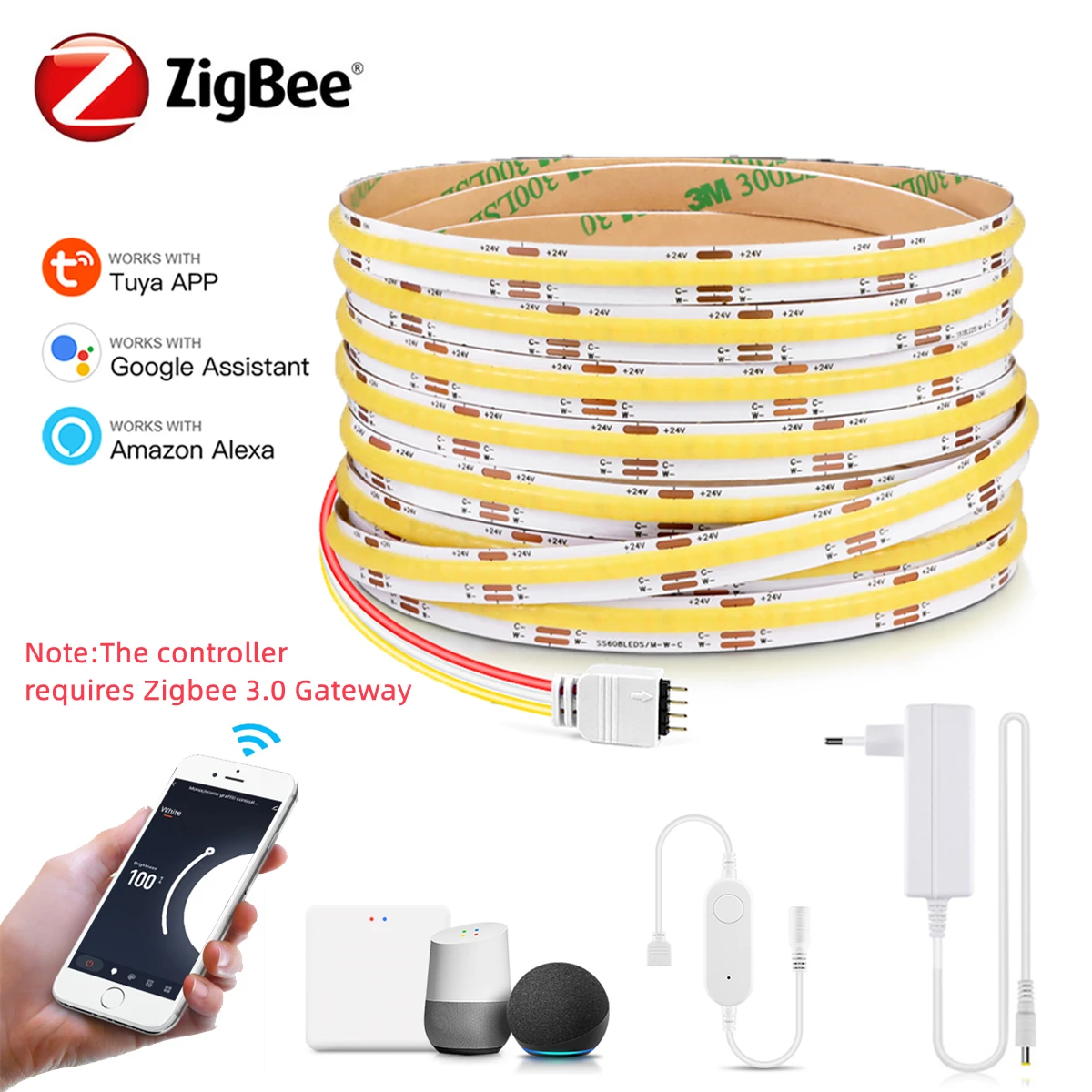 

Zigbee COB LED Strip Light DC24V Dimmable CCT 2700K-6500K Changeable Lamp Tape for Cabinet Backlight Work with Tuya Alexa Google
