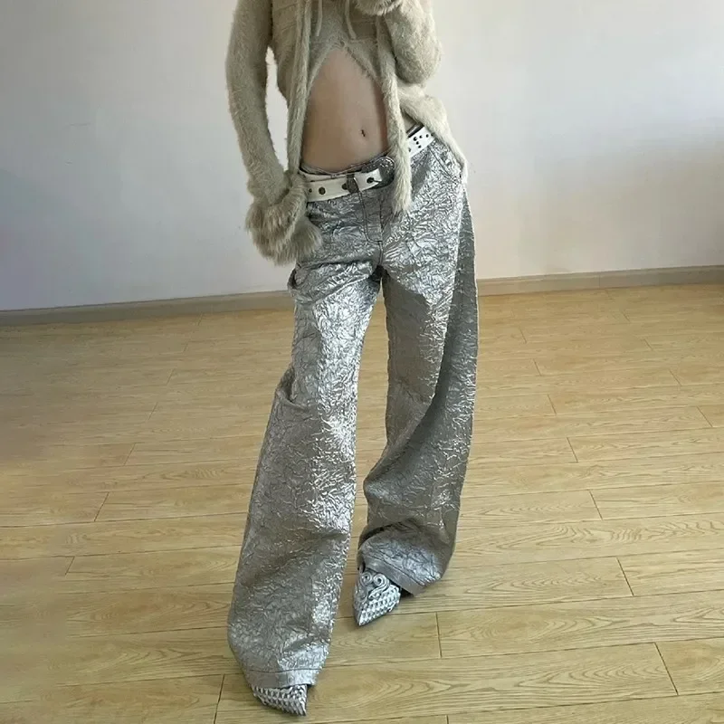 

E-girl Japanese Y2k Silver Baggy Pants Vintage Reflective Cargo Pant Grunge Aesthetics Pleated Wide Leg Trouser American Retro