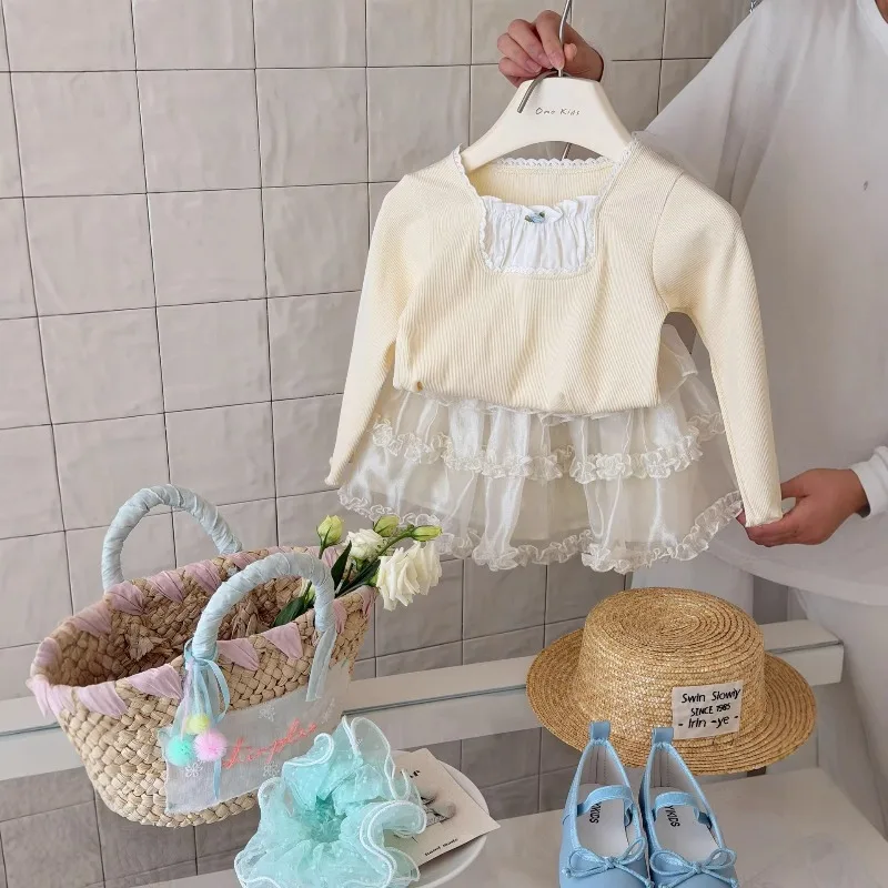 

Детский свитер для девочек, весенне-осенний повседневный базовый слой, кремово-желтый вязаный свитер с квадратным воротником для малышей