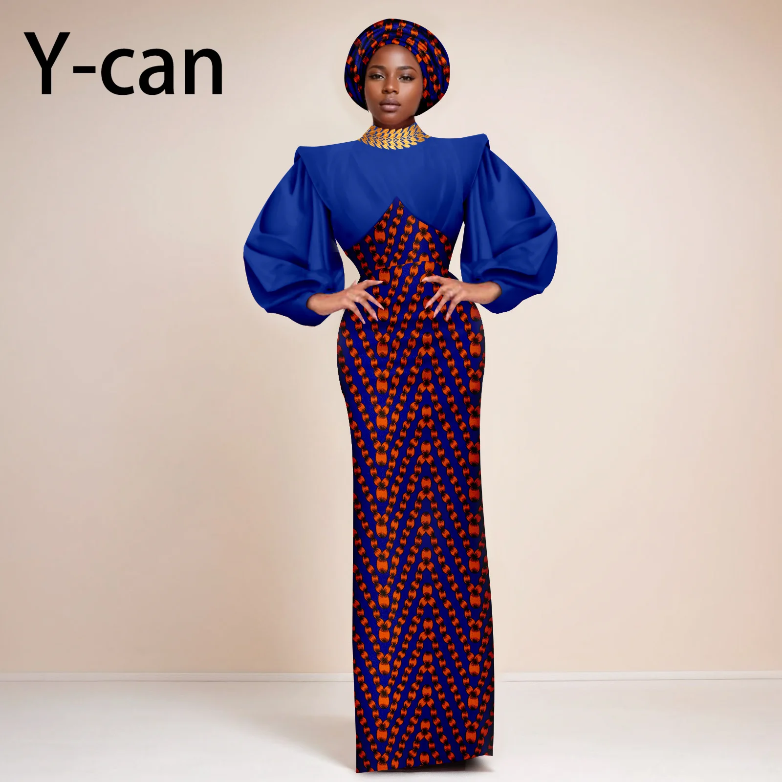 

African Dresses for Women 2024 New Ankara Print High Waist Slim Fit Women Wedding Dress Match Headwrap Vintage Vestido 2425160