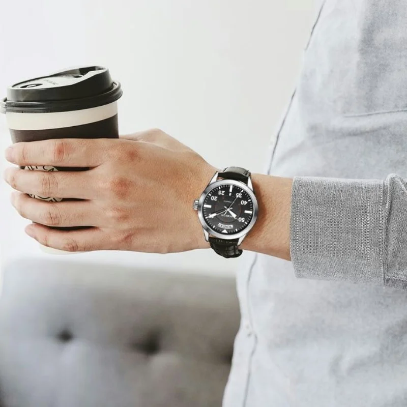 ساعة ميكانيكية أوتوماتيكية للرجال ، السلسلة الرئيسية ، 42 قرص مع اليوم والتاريخ ، يد مضيئة بالتقويم ، حزام جلدي ، 3ATM