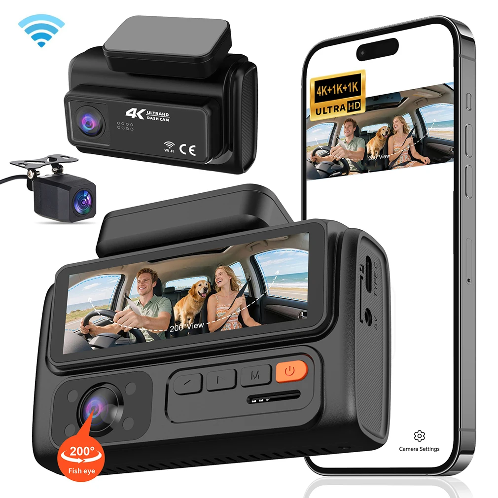 4K 3-Channel Dash Cam with Fisheye 180° inside Rear And Front Camera Car DVR WDR WiFi App IR Night Vision Video Recorder