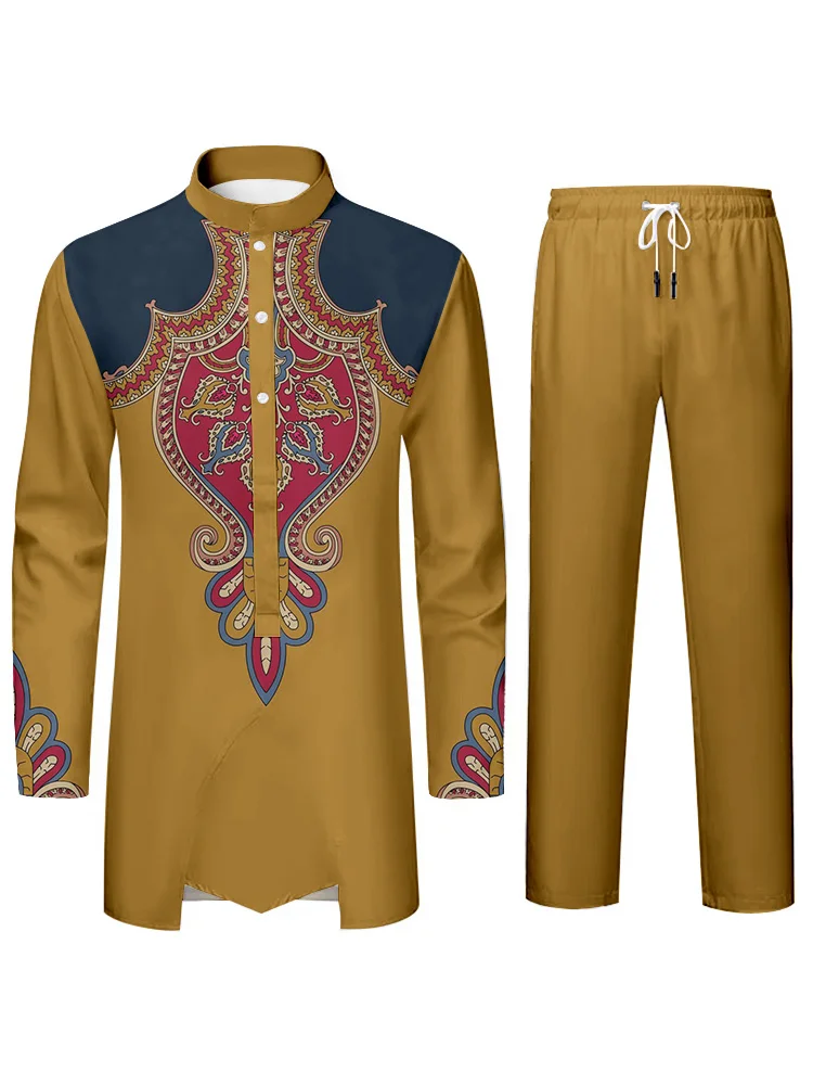 Arabian Traditional Clothing Men's Suits Personalized Fashion 3D Printing Printed Collar Long-sleeved Shirt And Pants Two-piece