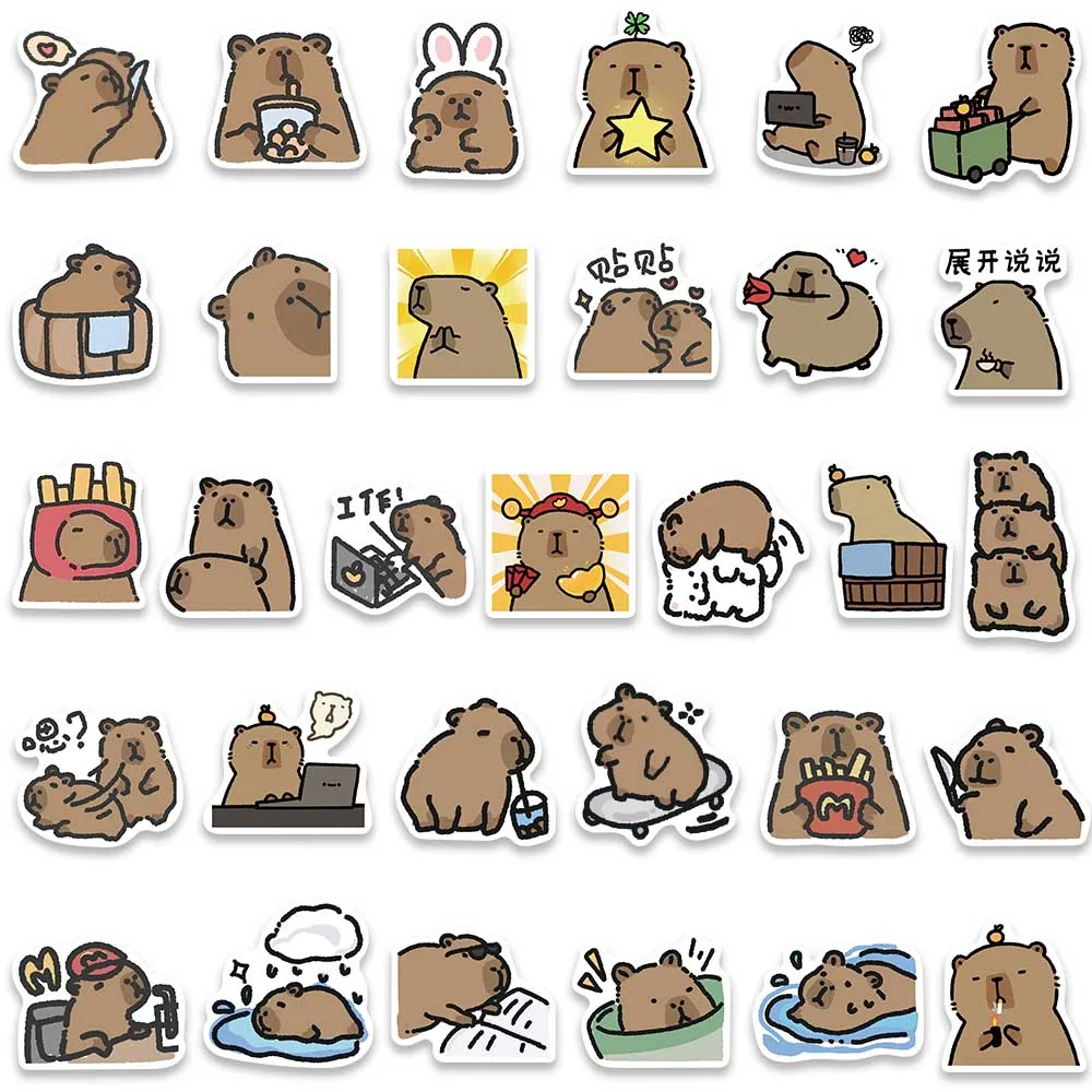 62pcs Cute Cartoon Capybara PVC Graffiti Sticker Sticky Aesthetic Decorative Scrapbook DIY Child Phone Stationery Supply