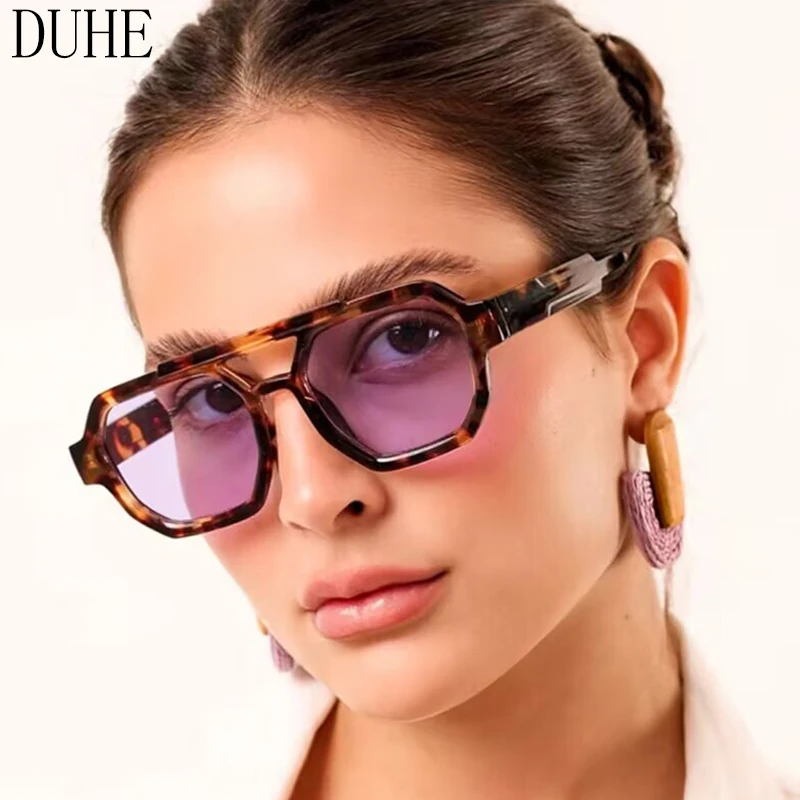 DUHE Retro double girder women's polygonal square sunglasses with fashionable blue purple men's glasses travel sunglasses UV400