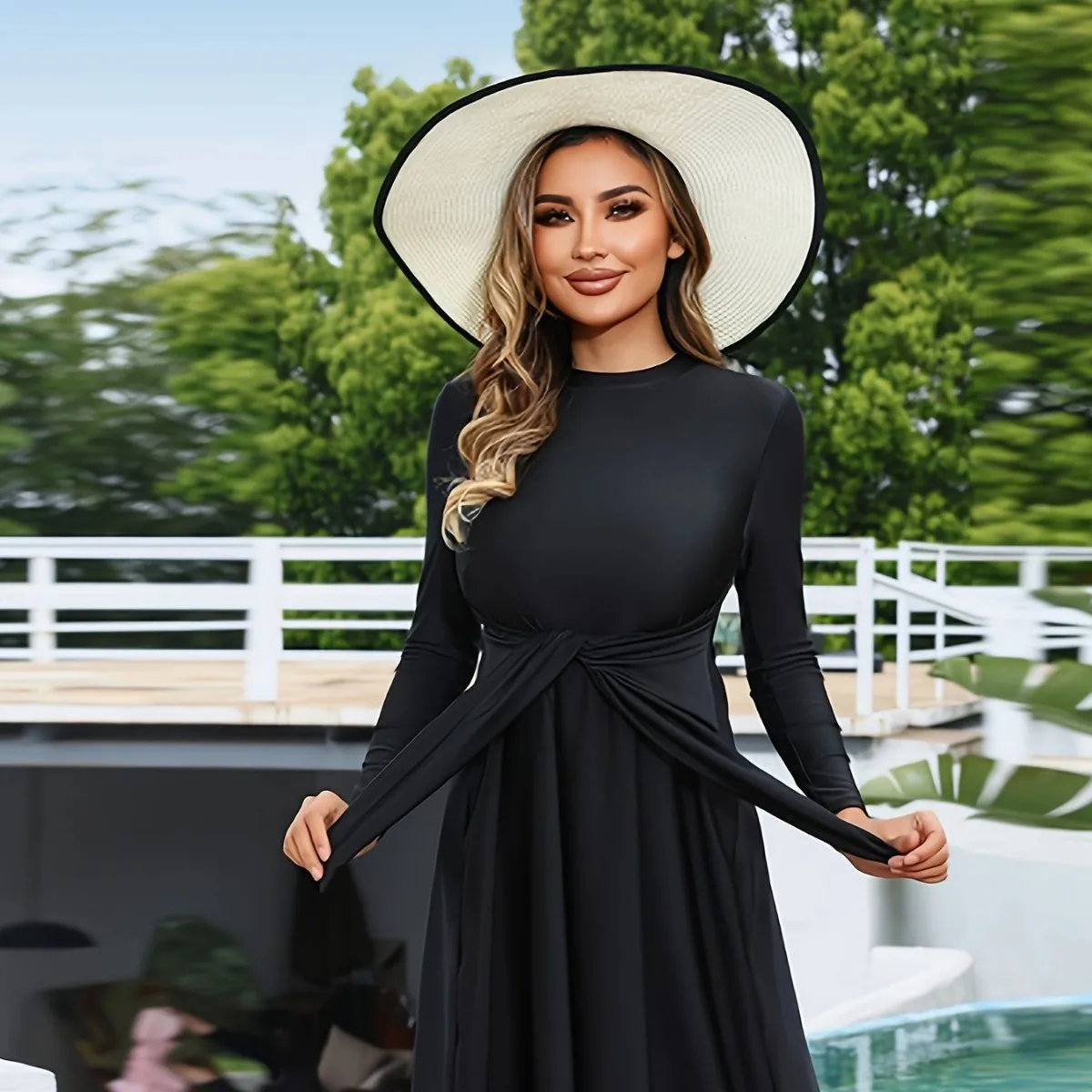 Women 2Pcs Burkini Modest Swimwear Solid Black Long Sleeve Dress Style Swimsuit Leggings UPF50+ Conservative Beach Bathing Suit