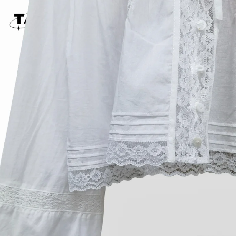 الفرنسية أنيقة 25 أوائل الخريف الدانتيل قطع الكشكشة عطلة نمط أعلى كبير U الرقبة طويلة الأكمام قميص شارع العليا AG1530