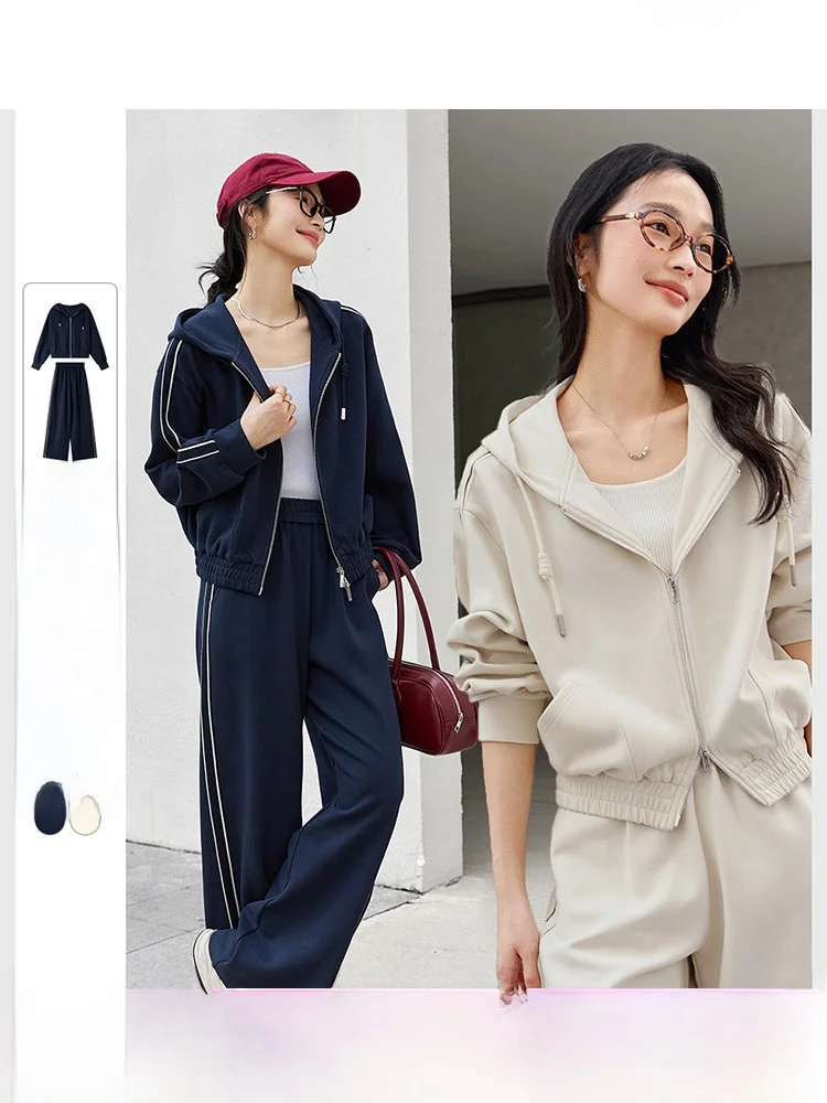 

Minimalist Casual Sportswear Set Women's Spring 2026 New Hooded Jacket High Waist Wide Leg Pants Two Piece Set Fashionable