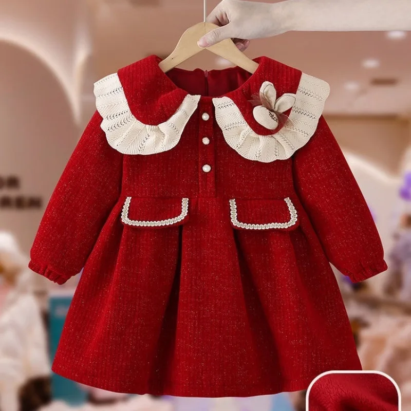 

Girls Fleece-lined Baby Princess One Year Old Celebration Dress2024New Children's Winter Red New Year Dress