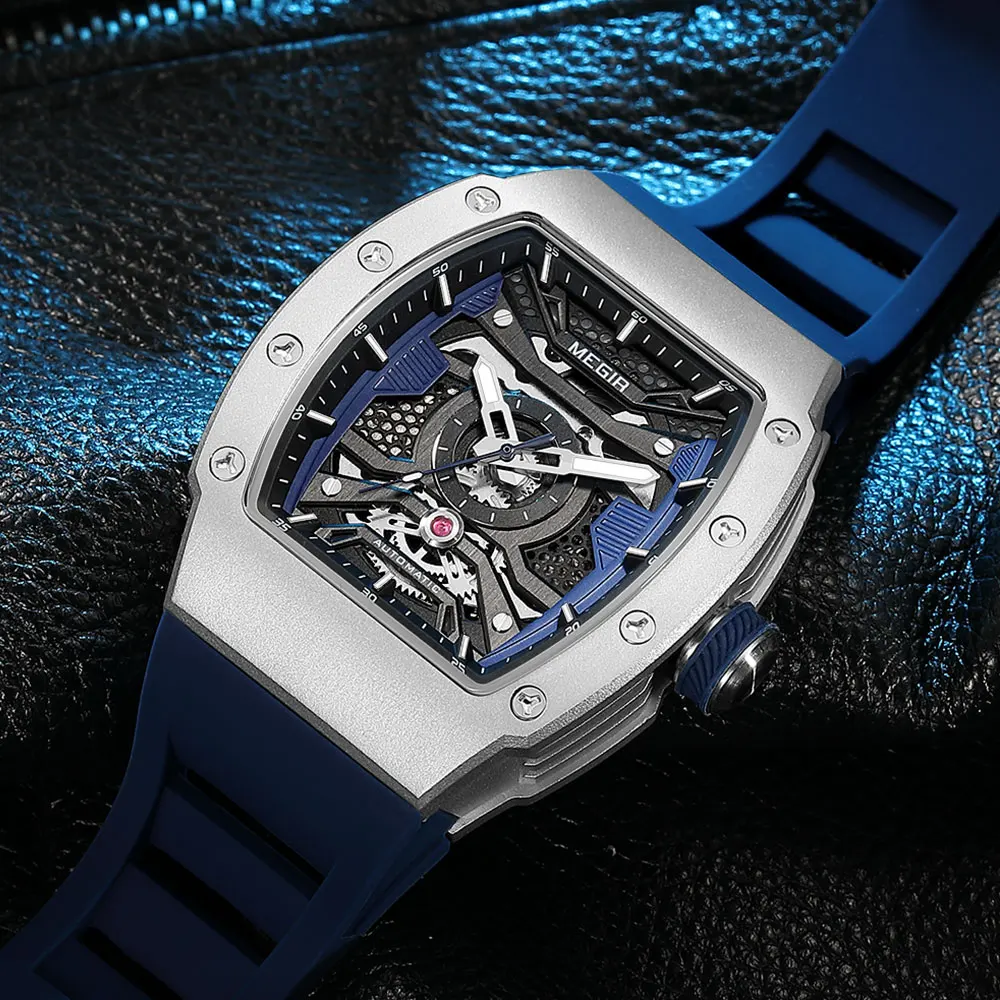 MEGIR Automatic Mechanical Watch for Men Fashion Sport Wristwatch with Stainless Steel Case Silicone Strap Luminous Hands 8604