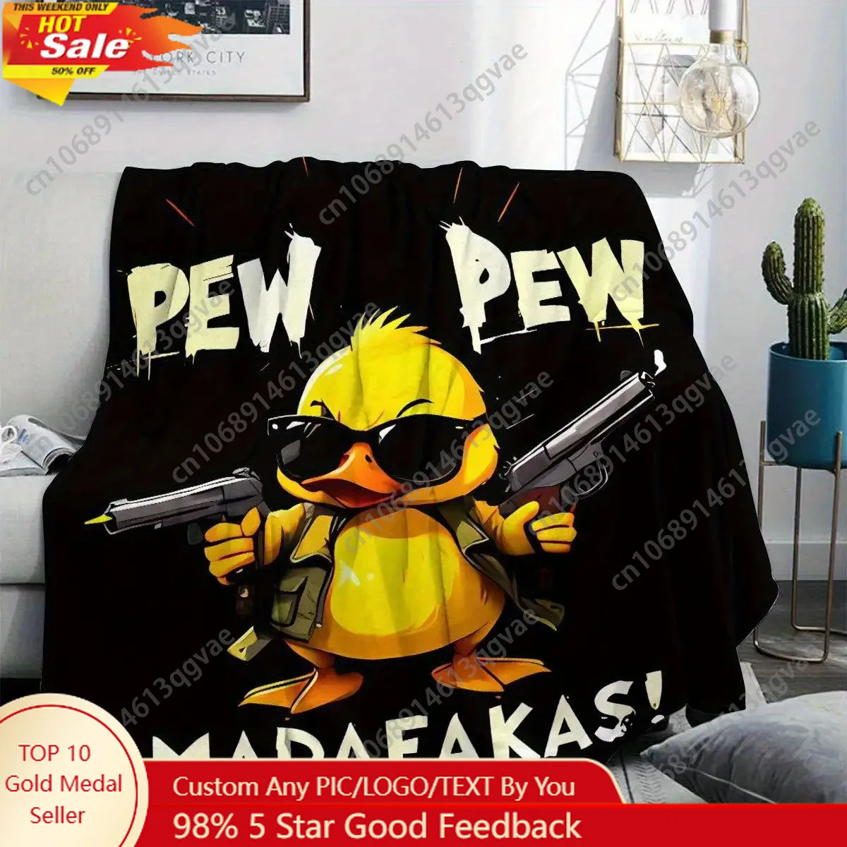 

1pc Funny Pew Pew Madafakas Gunslinger Duck Throw Blanket - Soft Flannel Lightweight All-Season Blanket with Duck i