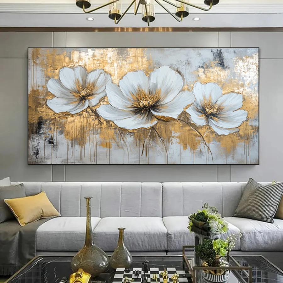 

Modern Abstract Golden Flowers Canvas Art Print, Frameless Wall Decor for Living Room and Bedroom, Elegant Floral Design with Wh