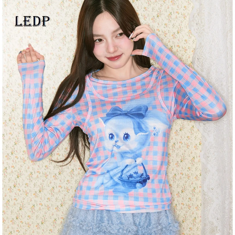 

Японский дизайн, клетчатая рубашка с цветочным принтом животных, искусственный женский топ из 2 предметов, осенняя новая женская нижняя рубашка с длинными рукавами