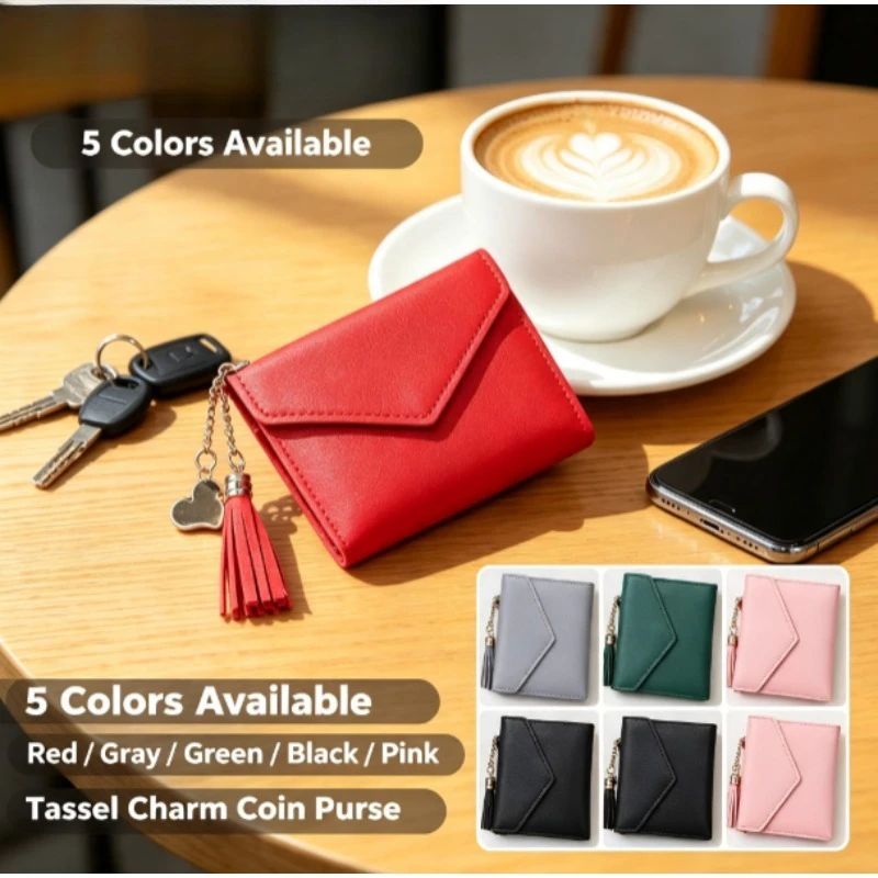 New Women Wallet with Tassel Pendant, Litchi Texture Ladies Purse Multi‑Purpose Card Holder Coin Purse