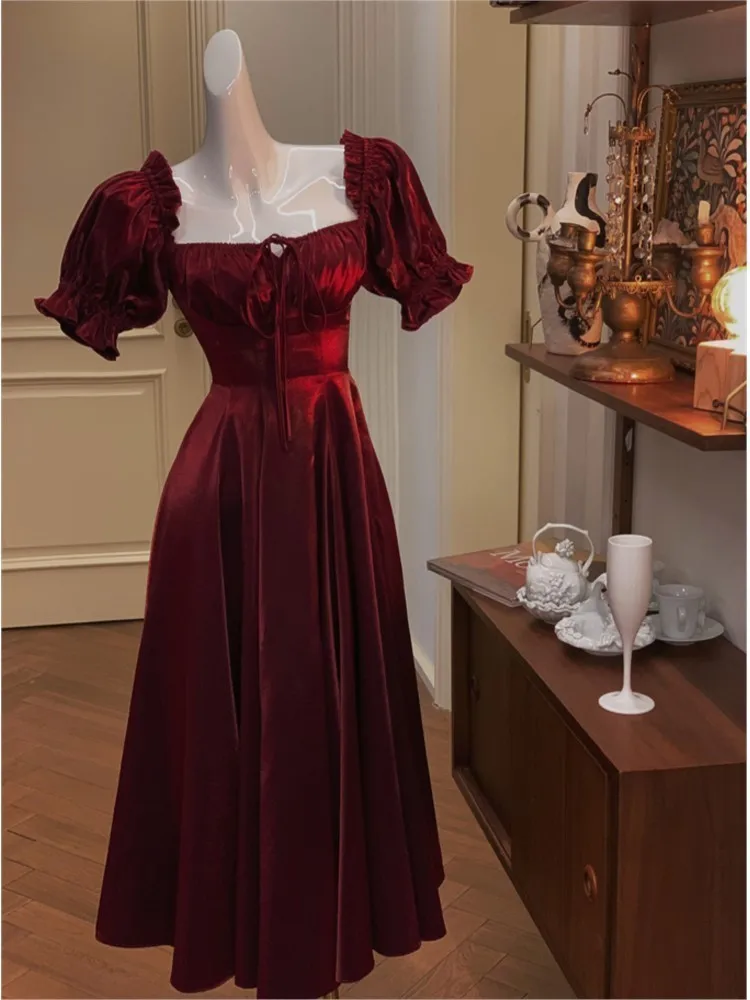 Vintage French Burgundy Evening Party Dress Women 2024 Summer Elegant Romantic Prom Vestidos Korean A-line Graduation Dresses