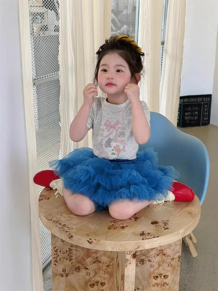 

Girls' Cartoon Print Sweet Outfit SetTT-shirt25Summer New Cute Short Sleeve Girl Fashionable Puffy Dress