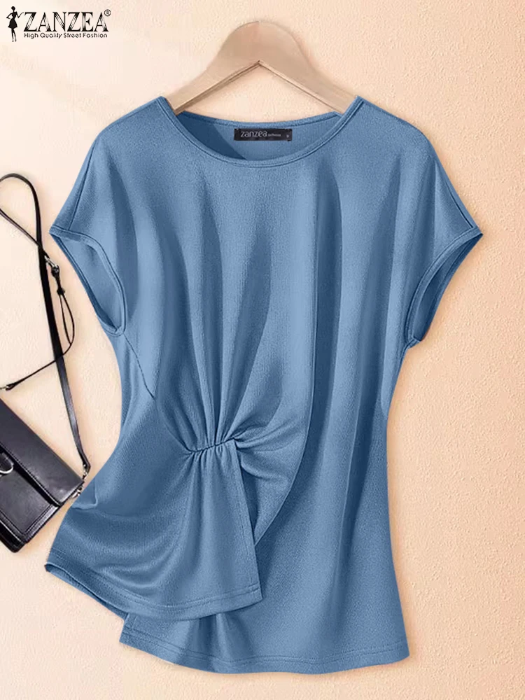 

2025 Women Summer Blouses ZANZEA Elegant Short Sleeve Work OL Tops Casual O Neck Knoted Shirt Asymmetrical Hem Blusas Tunic