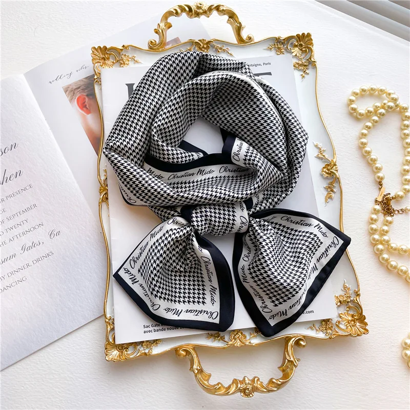 Luxury Letter Print Imitation Silk Scarf Headband Neckerchief Foulard Female Hair Scarfs Neck Tie Lady Skinny Scarves Soft Satin