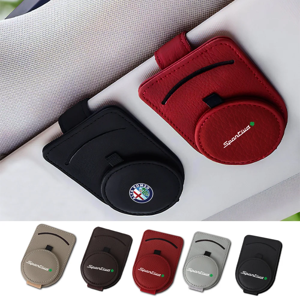 1pc Sun Visor Mount Glasses Clip Car Sunglasses Holder Leather Eyeglasses Case Storage Auto Accessories For Alfa Romeo Sportiva