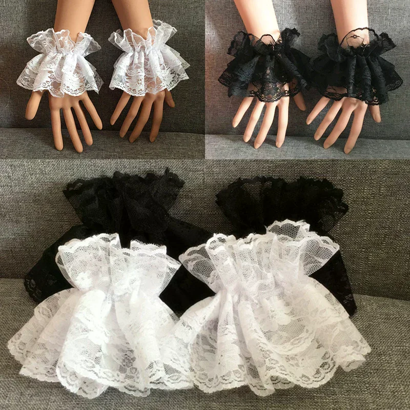 Hand Sleeve Wrist Cuffs Ruffled Floral Black Lace Elastic Bracelet Elegant Ladies Short Lace Gloves Halloween Lolita