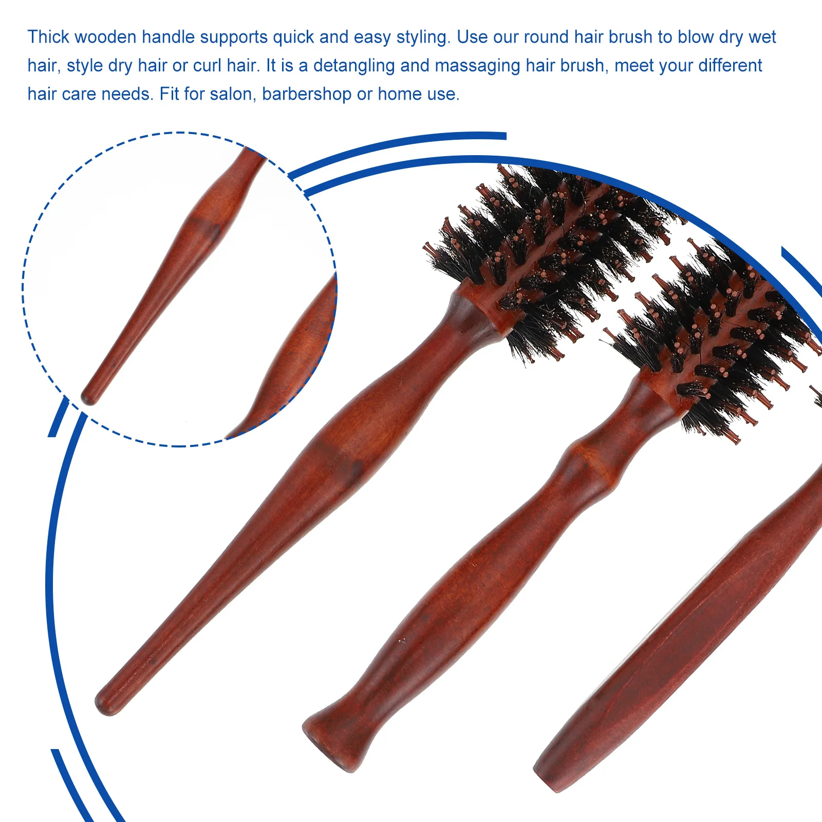 

3pcs Natural Bristle Hair Brush Round Wood Handle Detangling Hairbrush For Styling Curling Massaging Scalp Bristle