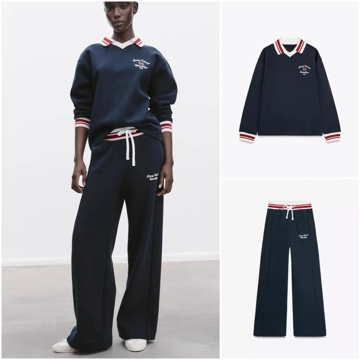 

Fashionable Embroidered Sporty Loose Casual Pants And Neck Sweatshirt Set Long Sleeve Turn-down Collar Two-piece Spring ...