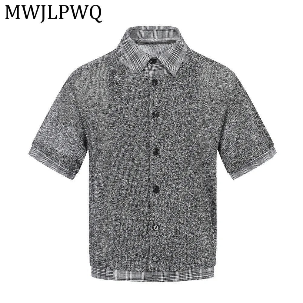 

MWJLPWQ Fake Two-Piece Plaid Patchwork Short-Sleeve Shirts Men American Street Style Casual Summer Lapel Loose Fit Tops 14715