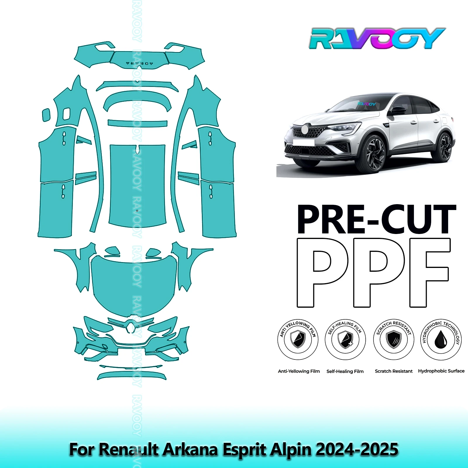 RAVOOY 8.5Mil Custom-Fit Precut TPU PPF Full Vehicle Clear Bra Stone Guard EU UK For Renault Arkana Esprit Alpin 2024-2026