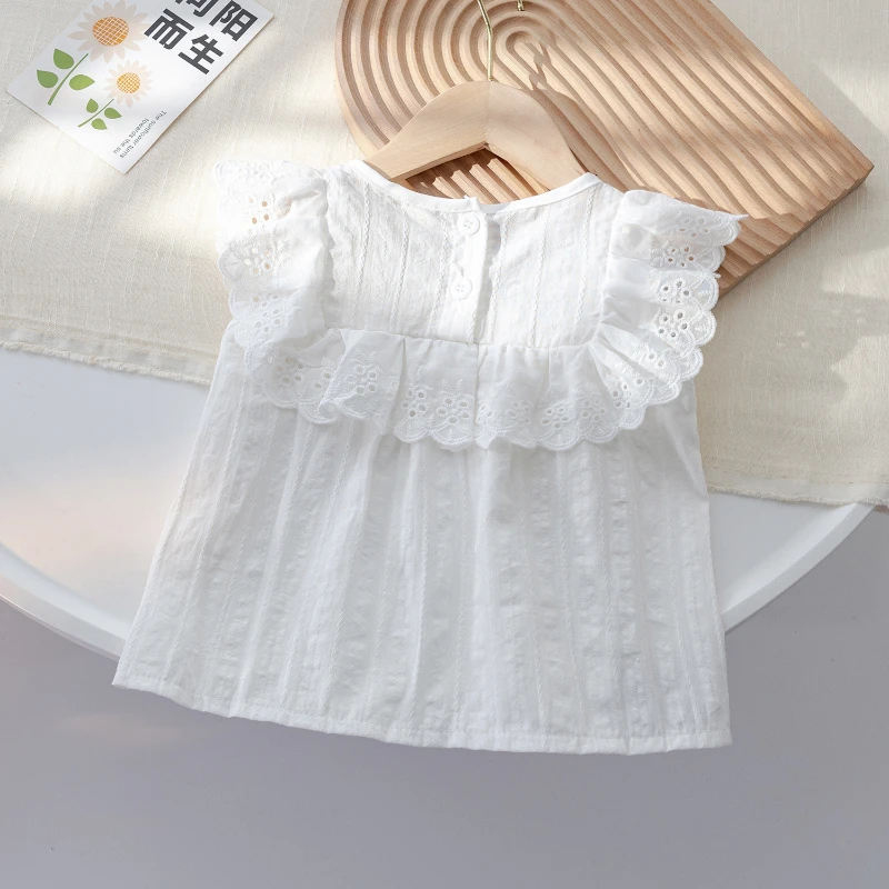 Girls Hollow Lace Cotton Tank Top 2024 Summer New Korean Baby Girl Ruffled Round Neck Sleeveless T-Shirts Casual White Tops