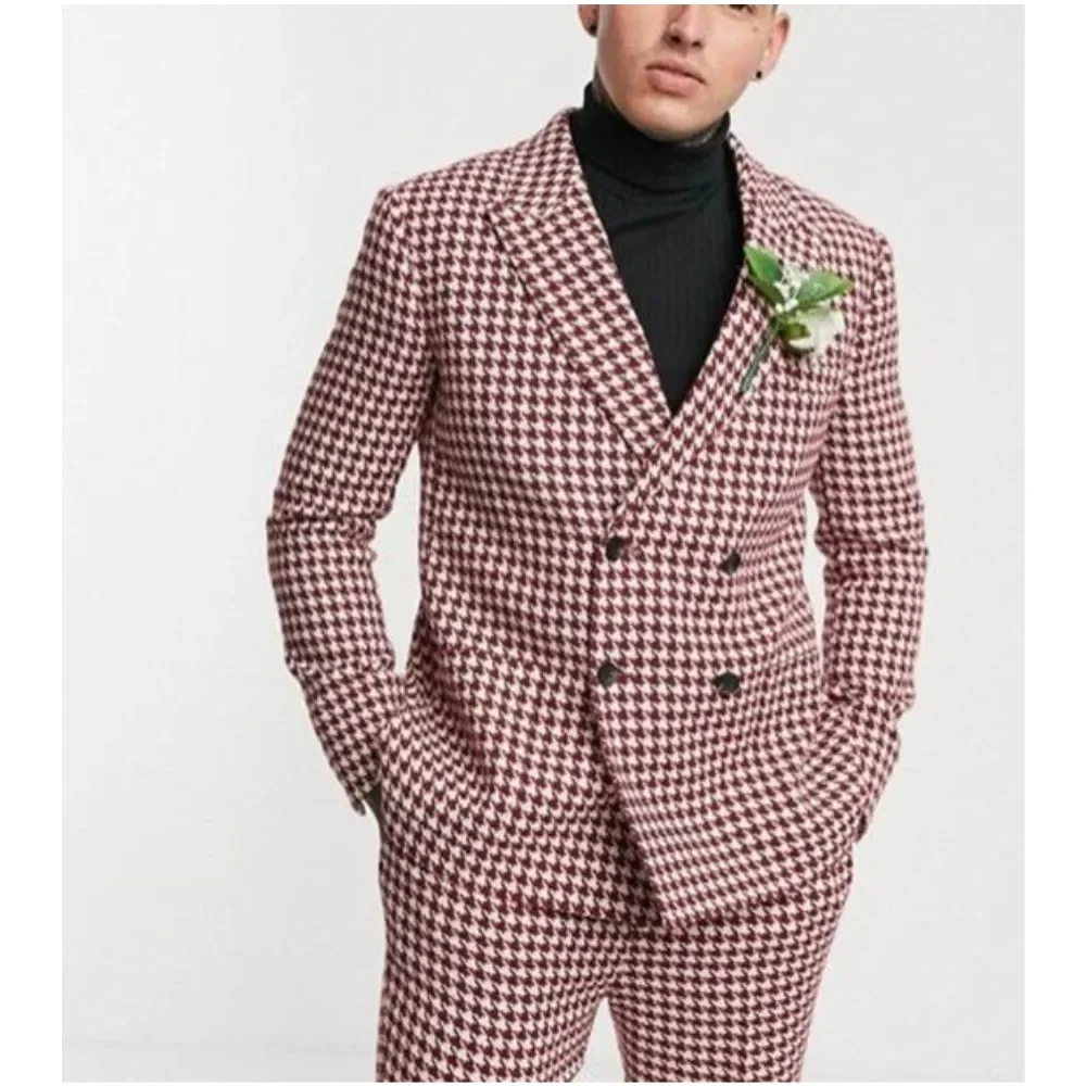 メンズダブルブレスト千鳥格子スーツ 結婚式 新郎 タキシード スリムフィット 2ピース ファッションチェック 男性スーツセット ジャケット パンツ付き