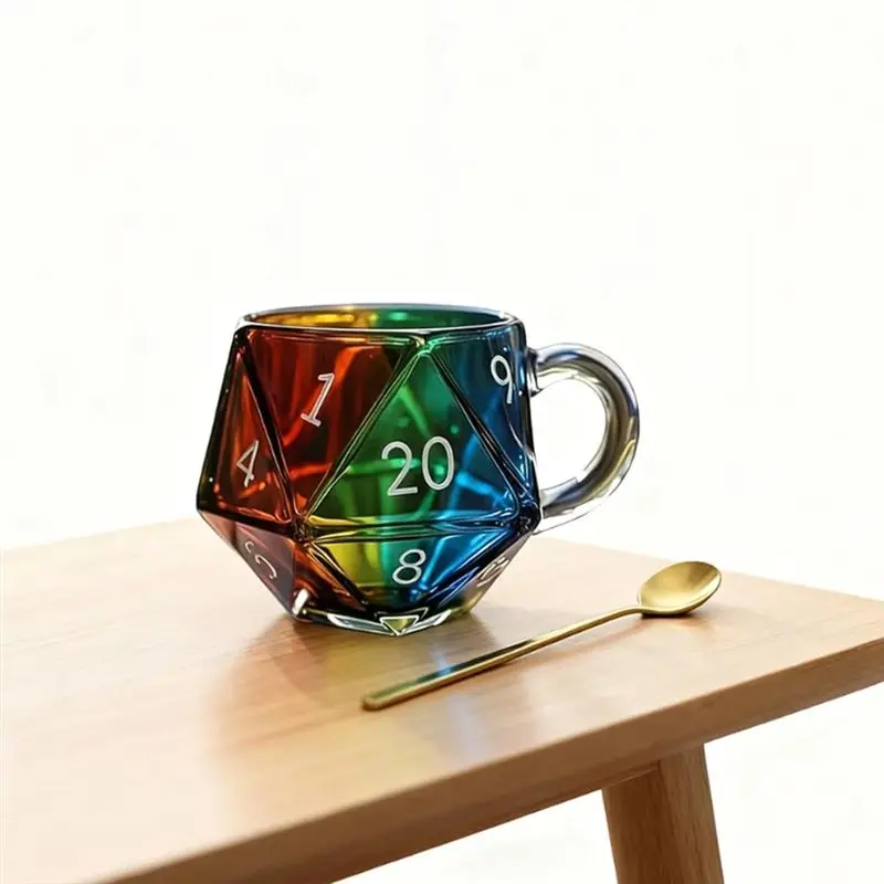 ABZC-Game Night Mugs Gift, Rainbow D20 Dice Mug, Polyhedral Dice Coffee Cup With Handle For RPG Lovers