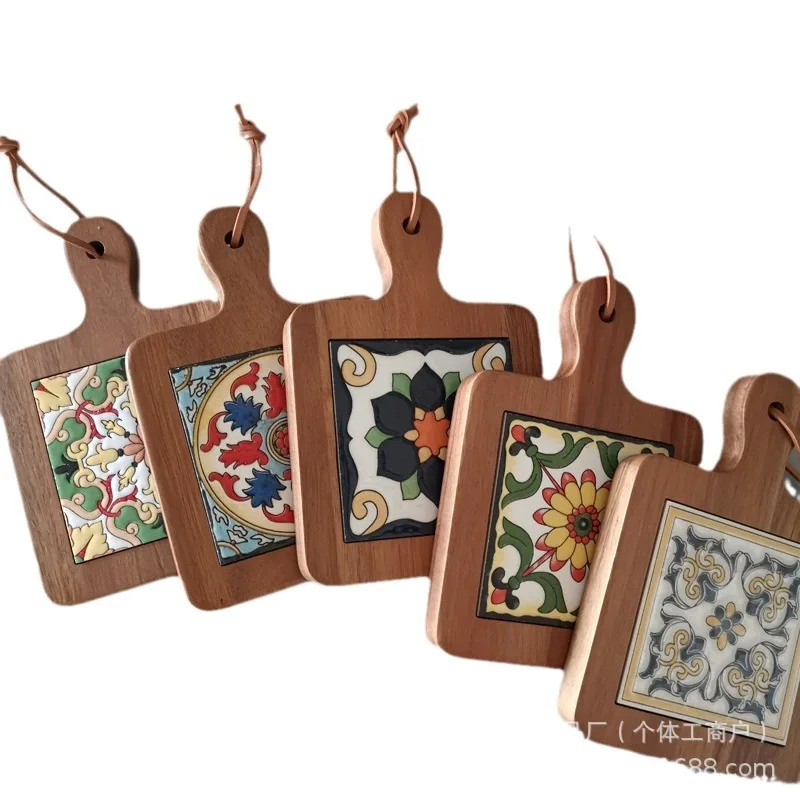Solid Wood Flower Tile Coasters Heat Insulation Durable Waterproof Coaster Household Restaurant Retro Placemats Casserole Mats