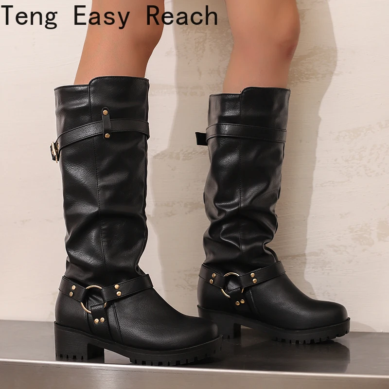 

Plus Size Triangular Round Buckle Rivet Western Boots Round Toe Thick Heel Tube Belt Buckle Slip On Retro Knight Boots