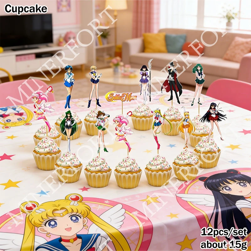 12 Stück Sailor Moon Cupcake-Kuchen Cartoon-Topper Deko für Babyparty Mädchen Geburtstagsfeier Dekorationen Hochzeitszubehör Set