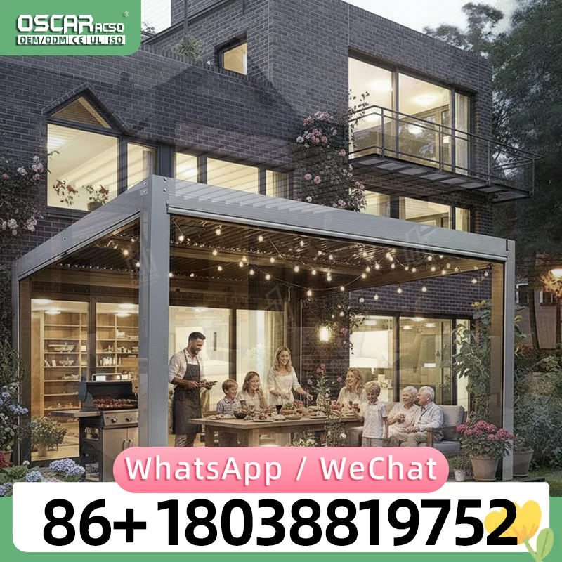 4X6m Outdoor Garden Shade Structure with Colorful LED Lights Motorized Adjustable Roof for Patio Balcony Terrace Use pergola