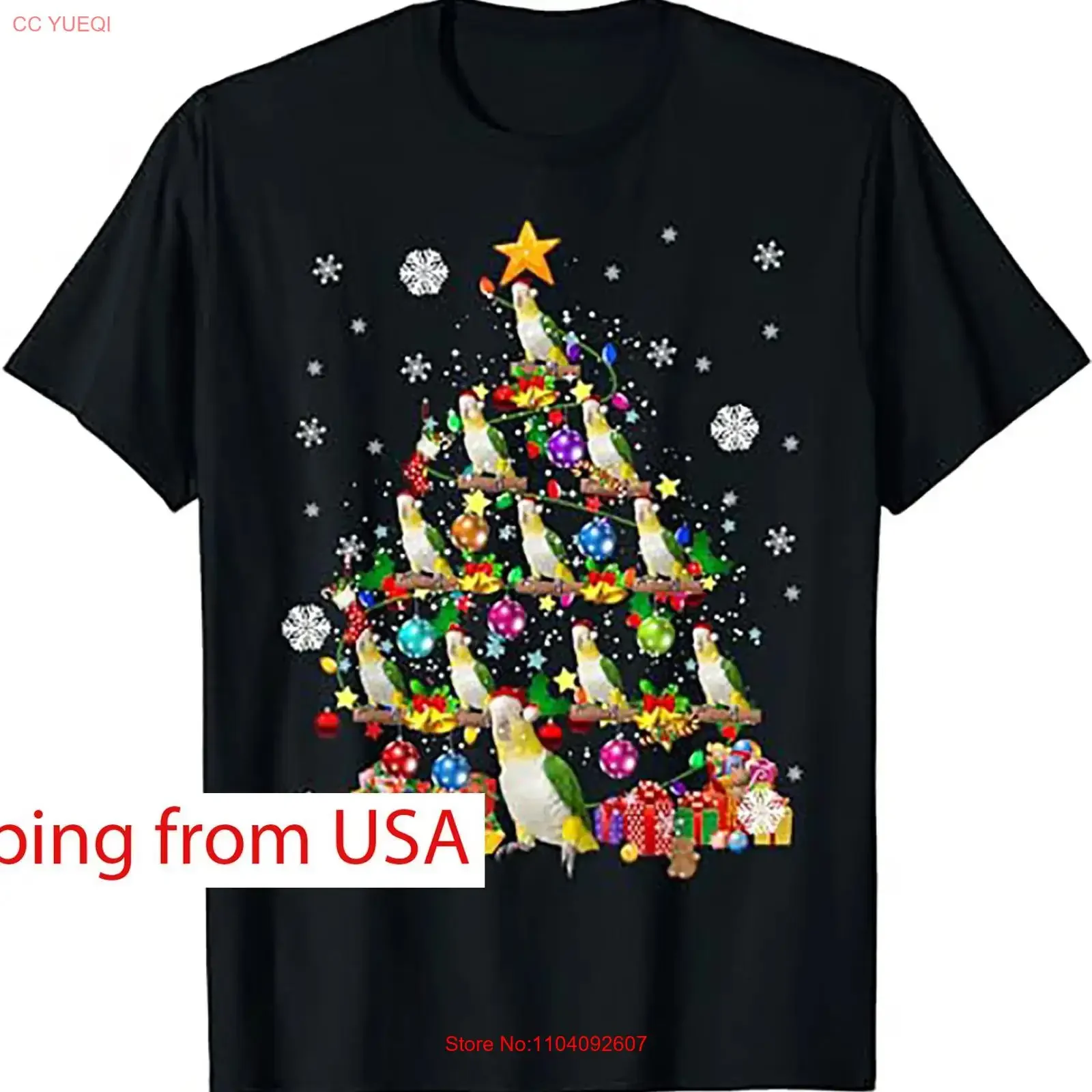 Camiseta vintage con estampado de loros y luces de árbol de Navidad Santa Caique Birds, estilo streetwear lavado, ropa de diseñador versátil y elástica.