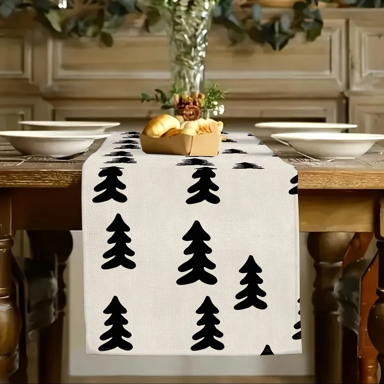 1 Piece Black and White Christmas Tree Table Runner Holiday Table Decoration with Vintage Santa Claus and Reindeer Home Decor