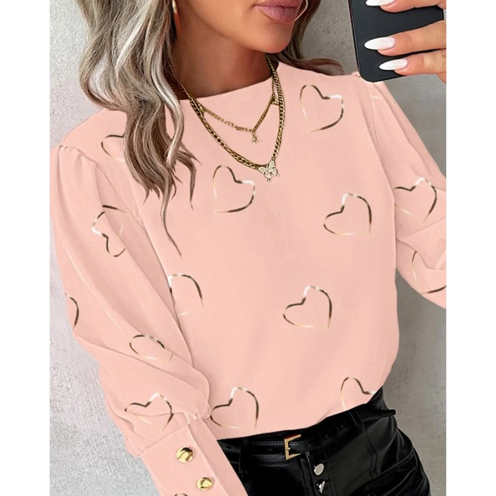 2024 Women Heart Print Gigot Sleeve Top Casual Back Buttoned Decor Blouse Spring Fashion Femme Round Neck Tee Shirts Streetwear