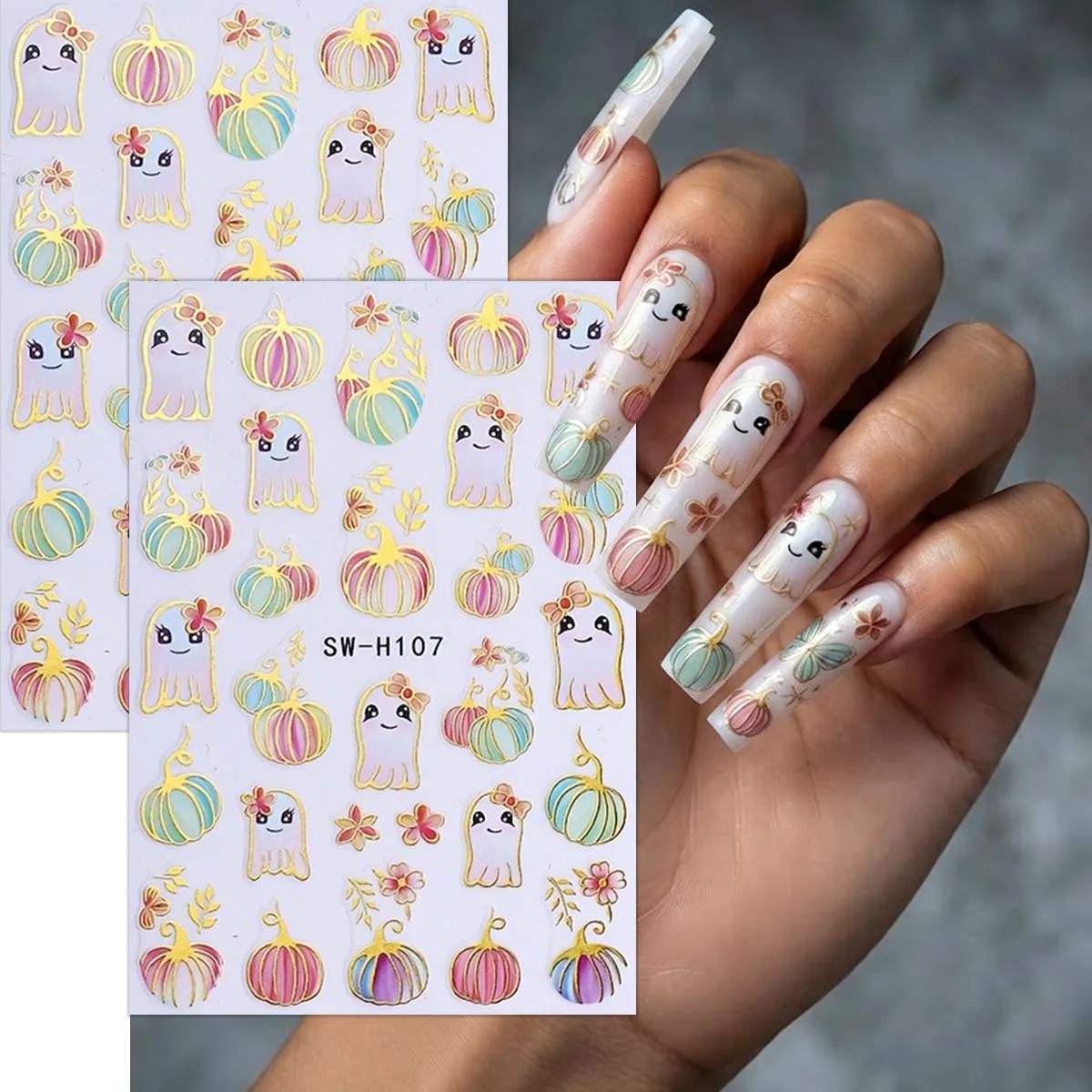 2 Stück Goldfolien-Cartoon-Geist & Bunter Kürbis Halloween-Nagelaufkleber - Selbstklebend - Für Frauen Nageltechniker-Zubehör