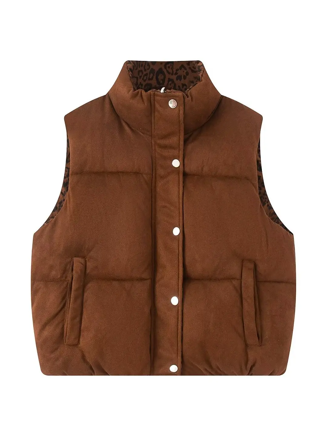 Women's Retro Wild Leopard Print Suede Two-Sided Wear Zipper Stand Collar down Cotton Vest Trendy Fashion Outerwear