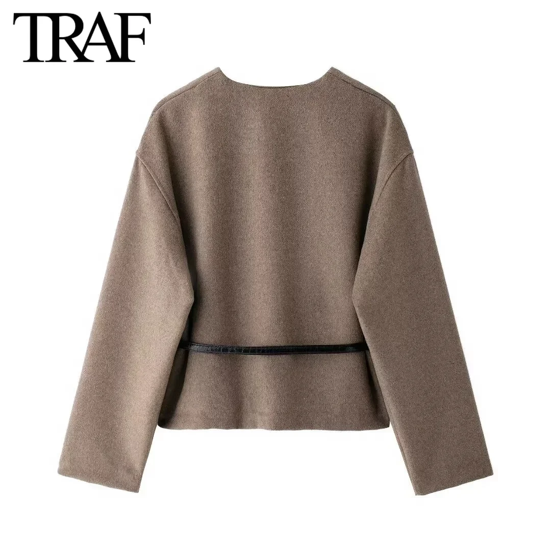 TRAF Jacket for Women Fashion 2024 Autumn Winter  New Solid Color Belt Soft Long Sleeved V-neck Short Coats Chic Ladies Tops