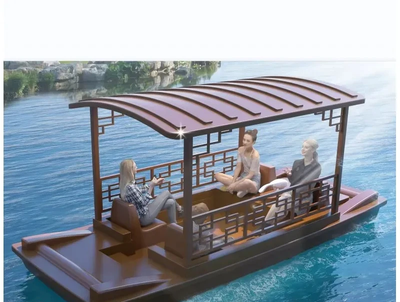 Classic Chinese Canopy Electric Boat Retro Water Leisure Vessel 7-8 km/h Speed Ideal for Lakeside Attractions and Relaxing