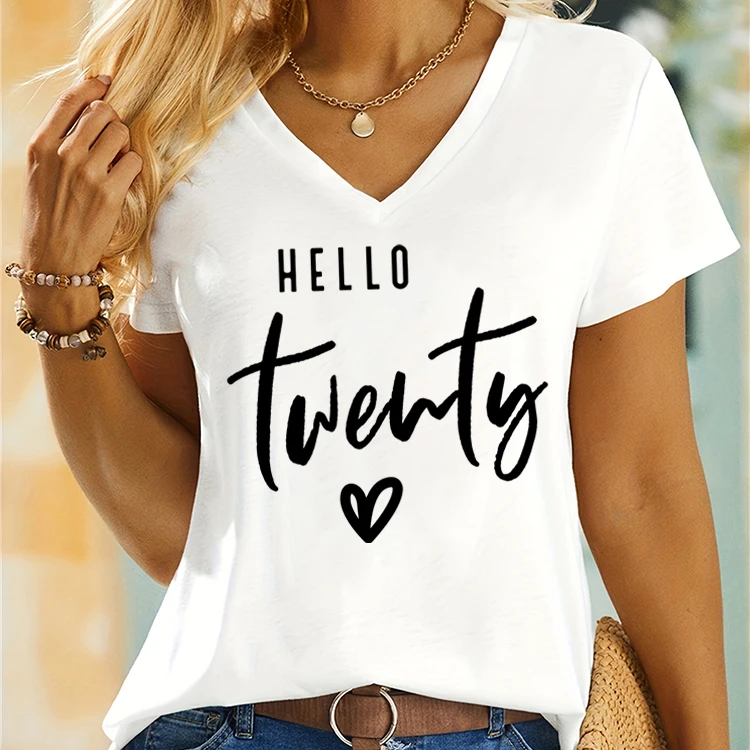 Hello Twenty Printed T-shirt Women 20th Classic Graphic Birthday Gift Summer Womens Tops Anniversary Tshirt Birthday Party Tops