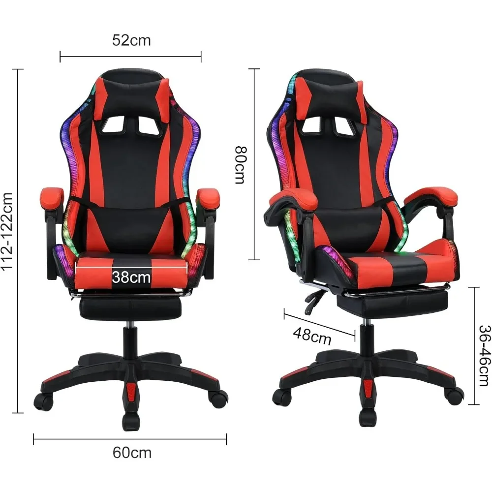 Gaming Chair w Bluetooth Speakers RGB LED Lights,Ergonomic，Footrest,Height Adjustable Adults w Back Lumbar Support Red