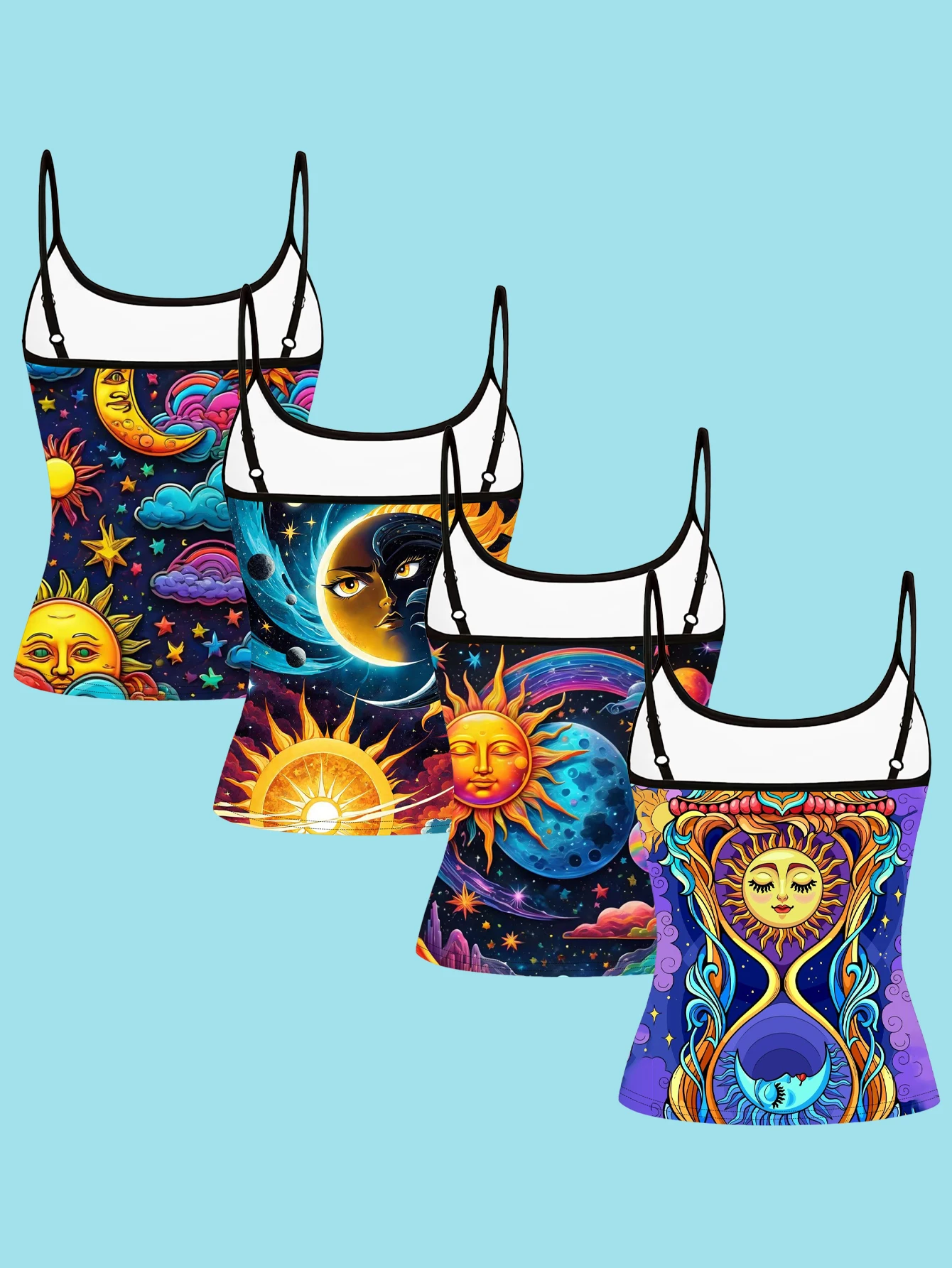 4-Piece Set of Women's Bohemian Sun and Moon Face Print Camisoles, Vintage Starry Sky and Starburst Slim-Fit Spaghetti Strap Inner Tops